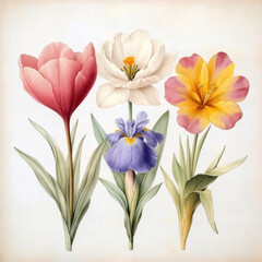 Fototapeta premium An old vintage print of three flowers, tulip, crocus, and iris. AI generative.