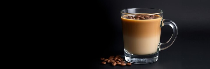 A stylish double walled glass coffee cup sitting on a bed of coffee beans against a sleek black background, perfect for adding text or design, beverage, glass, beans