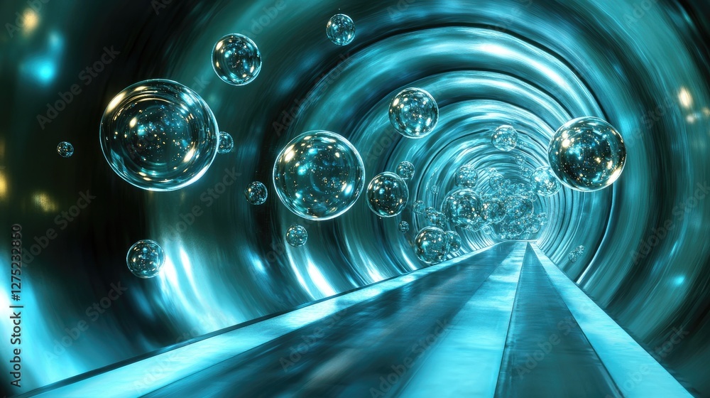 Poster abstract blue tunnel with bubbles floating in a futuristic environment