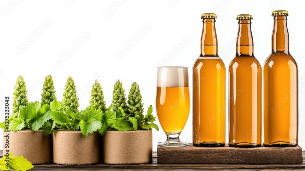 Aufkleber freshly brewed beer displayed with hops and greenery on a wooden table in a bright setting