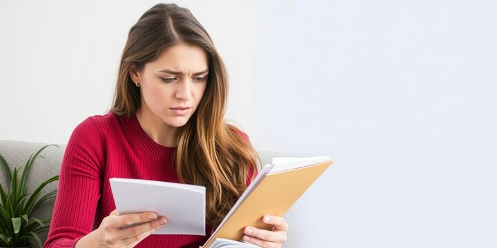 A woman seated at a desk, surrounded by overdue bills, anxiously scanning the numbers on each paper, personal finance, woman, expenses