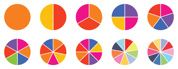 Pie chart set. Colorful diagram collection with 1,2,3,4,5,6,7,8,9,10, sections or steps. Circle icons for Infographic wheel segment and fraction. Vector eps 10