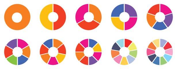 Pie charts diagrams. Different color circles. donut and pie chart infographic elements set. Colorful diagram collection with. Vector illustration.