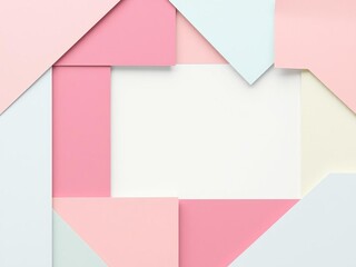 Blue and pink pastel color paper geometric flat lay background with squares and triangles, artistic, abstract, minimalistic