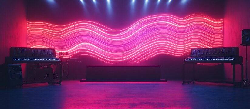 Futuristic stage setup with vibrant wave lighting, synthesizers, and a DJ booth in an urban venue