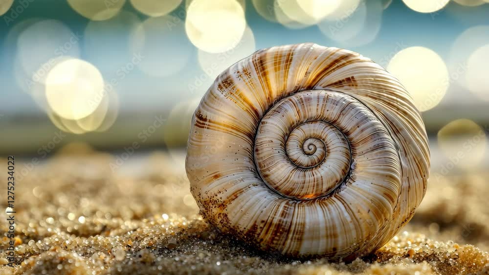 Poster closeup of spiral seashell resting on soft sandy surface with blurred sparkling ocean background, cl