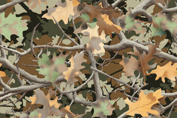Realistic forest camouflage. Seamless pattern. Vector camouflage pattern. Deer hunting background. Conifer tree, branches and leaves. Useable for hunting and military purposes.