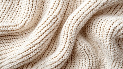 A close-up view of a soft, textured cream-colored knitted fabric, showcasing intricate patterns and gentle folds.