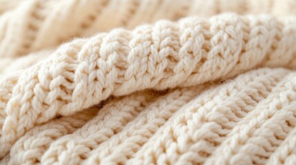 A close-up of a soft, textured cream-colored knitted fabric, showcasing its intricate weaving patterns and inviting warmth.