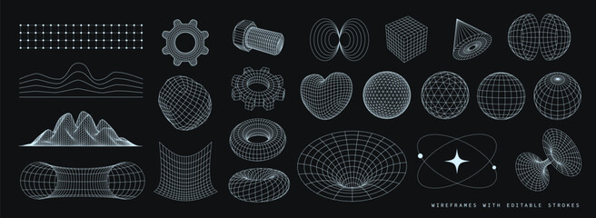 undefinedFuturistic 3D wireframe geometric shapes cyberpunk and psychedelic, sci-fi, Y2K icons set. Editable strokes. Vector design elements on dark background.