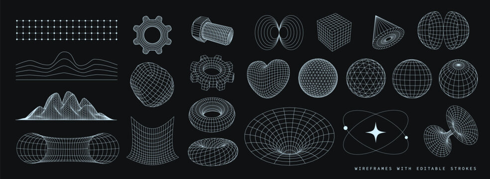 undefinedFuturistic 3D wireframe geometric shapes cyberpunk and psychedelic, sci-fi, Y2K icons set. Editable strokes. Vector design elements on dark background.