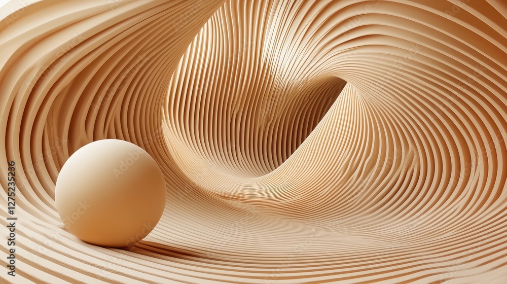 Poster abstract wave pattern with sphere in creamy tones and curves