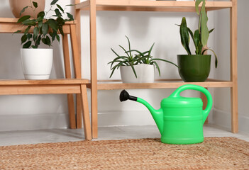 Watering can on rug in gardener's workshop, closeup
