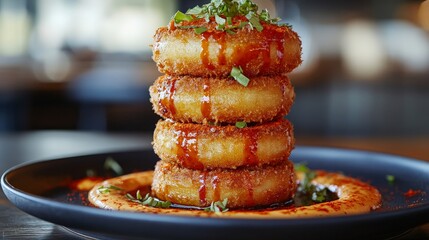 A stacked tower of crispy fried donuts drizzled with sauce and garnished with herbs.