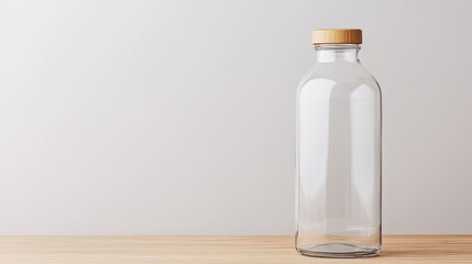 A clear glass bottle with a wooden lid sits on a wooden surface against a neutral background, emphasizing simplicity and elegance.