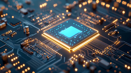 Obraz premium Macro Shot of Circuit Board with Blue-Gold Chip