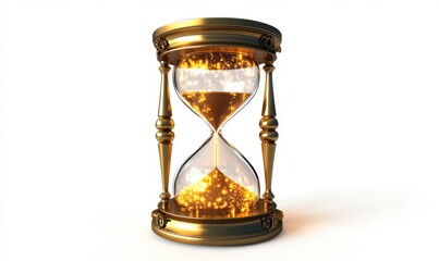 Elegant hourglass with golden sand, symbolizing the passage of time against a soft white background