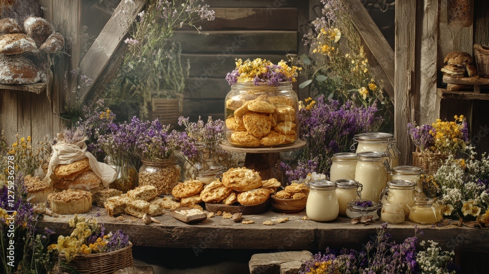 Poster a rustic bakery scene featuring an array of cookies and desserts surrounded by flowers