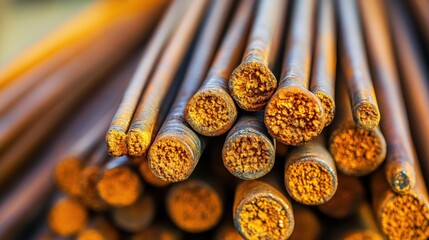 Close-Up View of Stacked Metal Bars with Rusty Ends in Bright Light