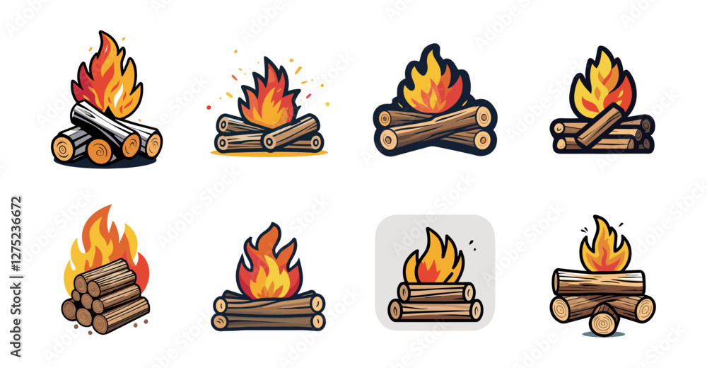 Poster sets icon collection of different campfire icons, each with a unique design featuring logs and flame