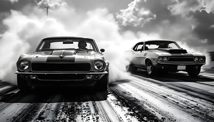 Classic Muscle Cars Drag Racing with Smoke and Tire Tracks