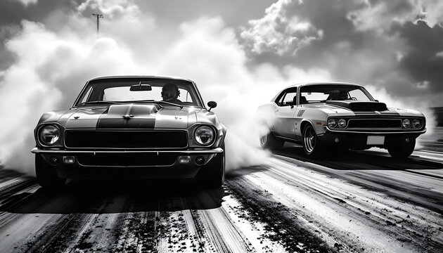 Fototapeta Classic Muscle Cars Drag Racing with Smoke and Tire Tracks