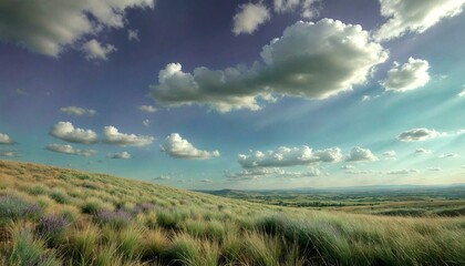 Obraz premium Bright Blue Sky with Clouds Over Grassy Hillside