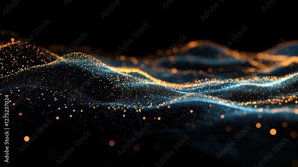 Poster abstract representation of waves with glowing particles in a dark background.