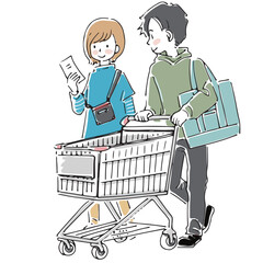 ショッピングカートで日用品を買う夫婦