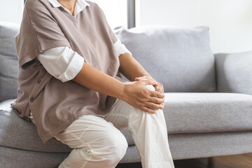 Body arthritis muscles stiff problem, aged woman suffering on leg, pain knee from disease chronic,...