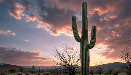 Saguaro cactus in desert sunset with dramatic clouds