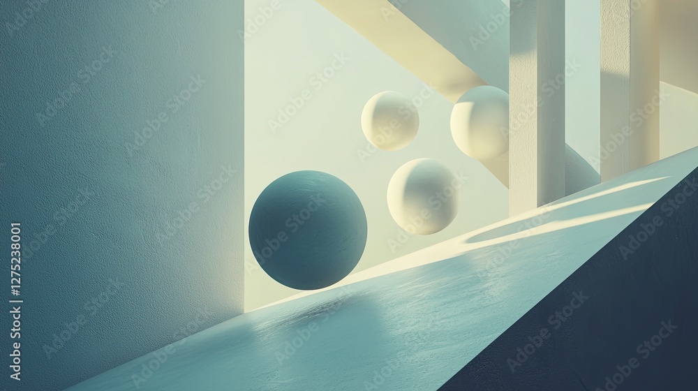 Poster abstract geometric composition with spheres and architectural forms