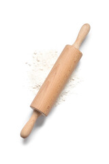 Wooden rolling pin and flour isolated on white background