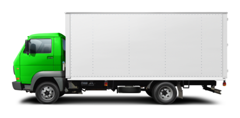 Classic European delivery truck with white van and green cabin. Side view isolated on white background.