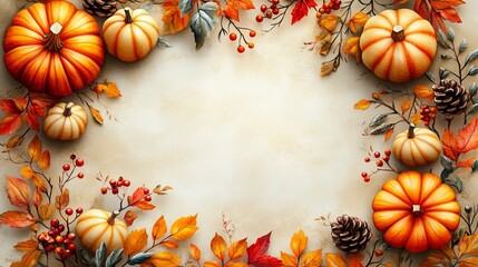 Fototapeta premium A Beautifully Arranged Frame of Vibrant Pumpkins and Colorful Autumn Leaves Creating an Inviting and Festive Atmosphere Perfect for Celebrating the Fall Harvest Season Outdoors