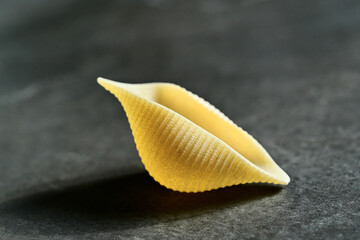 Ready to get Conchiglie. Close-up of a giant conchiglie pasta shell. Italian cuisine.