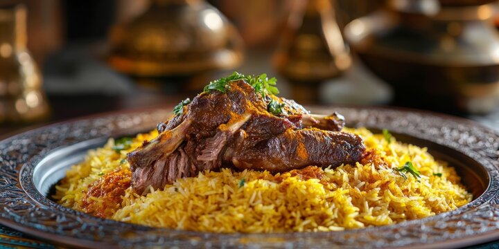 Saudi arabian cuisine presenting lamb mandi on decorative platter