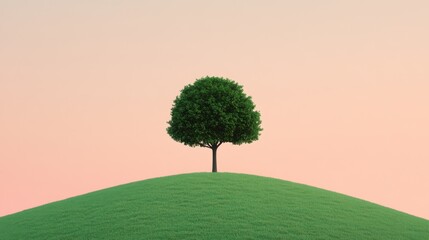 Dreamy Scene of a Single Tree on a Grassy Hill Under a Pastel Colored Sky Evoking Simplicity and Calmness for Tranquil Nature Concepts