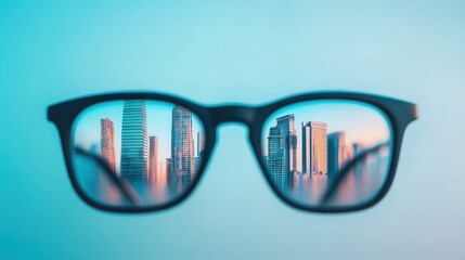 Futuristic City Skyline Reflected in Investor's Glasses Symbolizing Vision and Market Foresight for Real Estate Market Insights