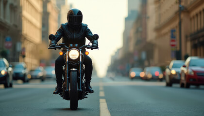 Motorcyclist rides motorbike wearing helmet and leather jacket on city street. Urban scene. Person drive motorcycle along road with transport in town.