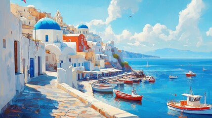 Blue and White Architecture of a Mediterranean Seaside Village - Made with Generative AI