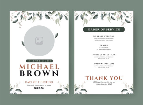Funeral  Template for Memorial Program. Minimalist Bifold Brochure Design Layout.