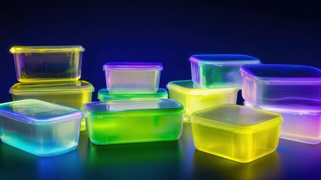 Colorful translucent containers glowing in neon hues against a dark background, showcasing modern storage solutions