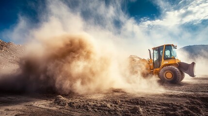 Fototapeta premium Heavy Machinery Creating Dust Cloud on Construction Site