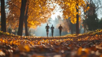 Autumn park run three runners, golden leaves, sunrise