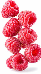 Fresh raspberries falling, white background, food photography, recipe websites