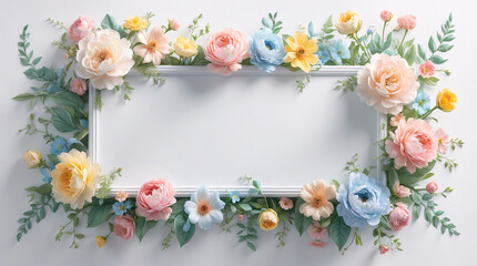 Elegant pastel flowers surrounding a white tray for creative product display photography with delicate framing for Copyspace and Text Background