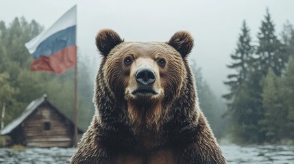 Obraz premium A Majestic Brown Bear Stands Proudly in Front of a Misty Forest and a Rustic Cabin, with the Russian Flag Fluttering in the Background