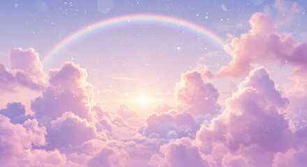 Pastel sky, fluffy pink clouds, vibrant rainbow, dreamy atmosphere, soft lighting, ethereal landscape, fantasy cloudscape, magical scenery, cotton candy colors, heavenly vista, serene skyscape, celest