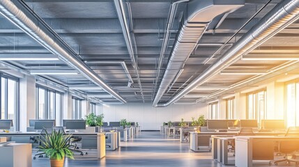 Modern Open Office Space with Bright Windows and Green Plants